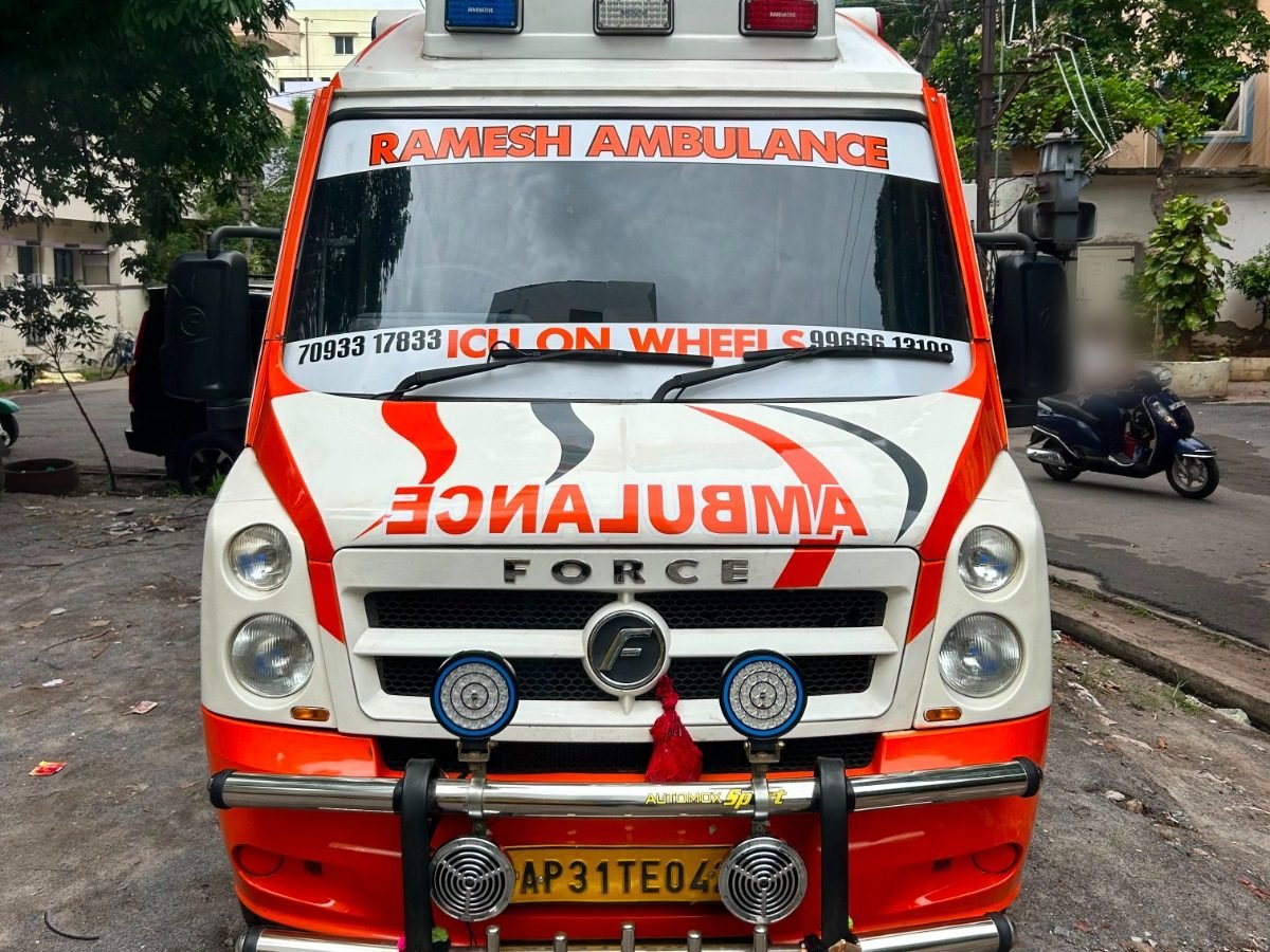 Ramesh Ambulance ICU-equipped Force ambulance in Vijayawada, marked ICU On Wheels with phone number 70933 17833